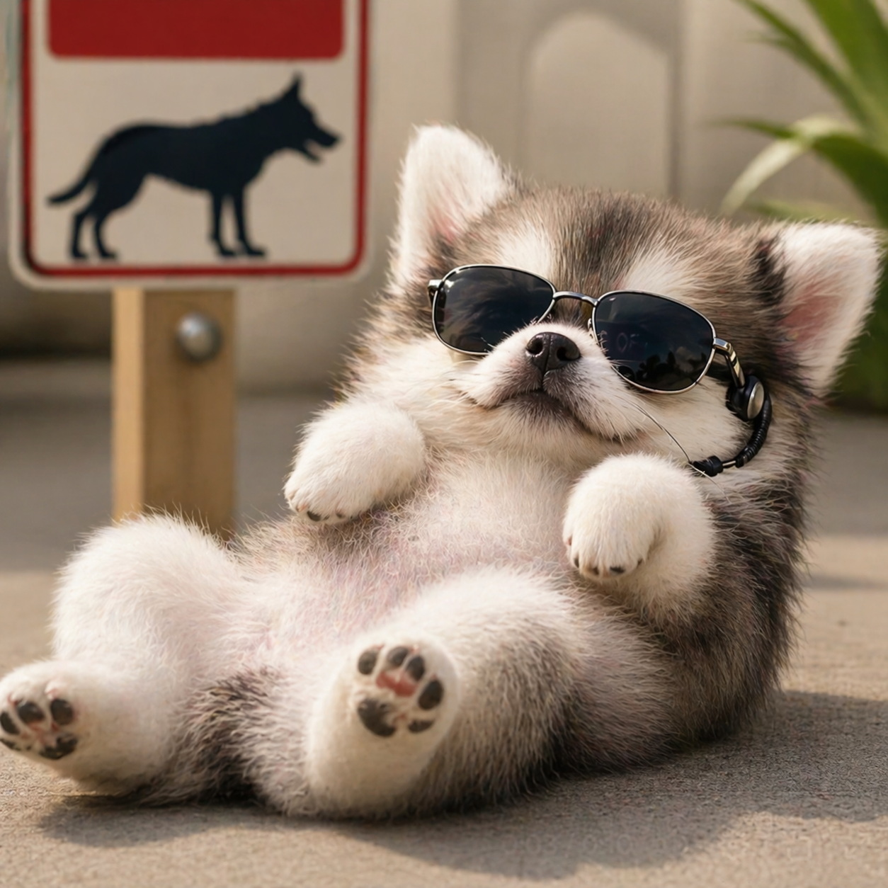 Guard dog lying on his back wearing sunglasses